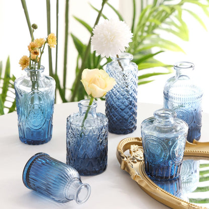 Bud Vases Set of 18 Blue Vintage Glass Small Flower Vases for Centerpieces – Rustic Farmhouse Table Decor for Home, Wedding