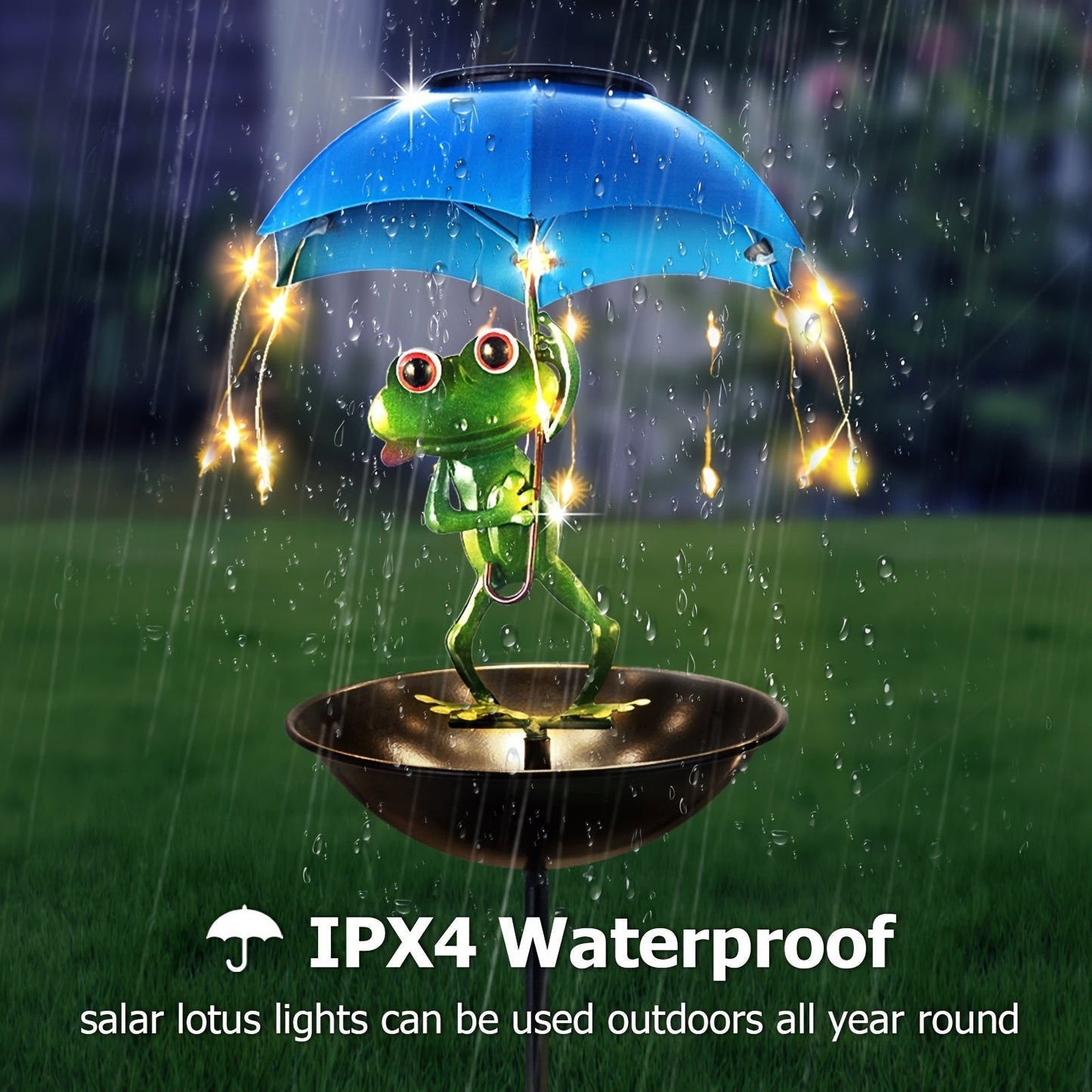 Solar Frog Statue Garden Light with Bird Feeder & LED String Decor, for Garden, Pathway and Patio Lighting