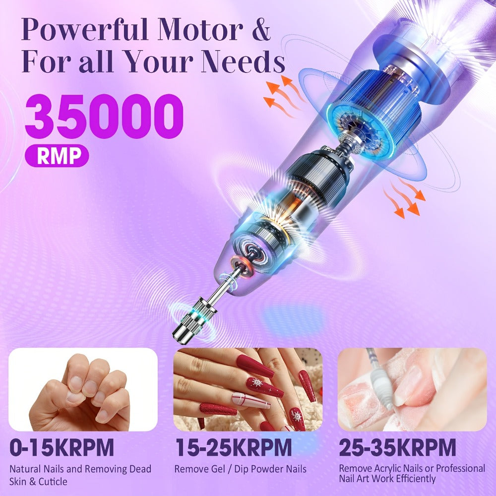 Nail Drill Kit 35000 RPM with 100 Sanding Bands Multiple Drill Bits Electric Nail File for Acrylic Gel Nails Manicure Pedicure Salon Home