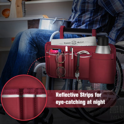 Wheelchair Bag Side Storage with Cup Holder Reflective Strips 8 Pockets 14x7.5 Inch for Entryways, Bedrooms and Living Spaces
