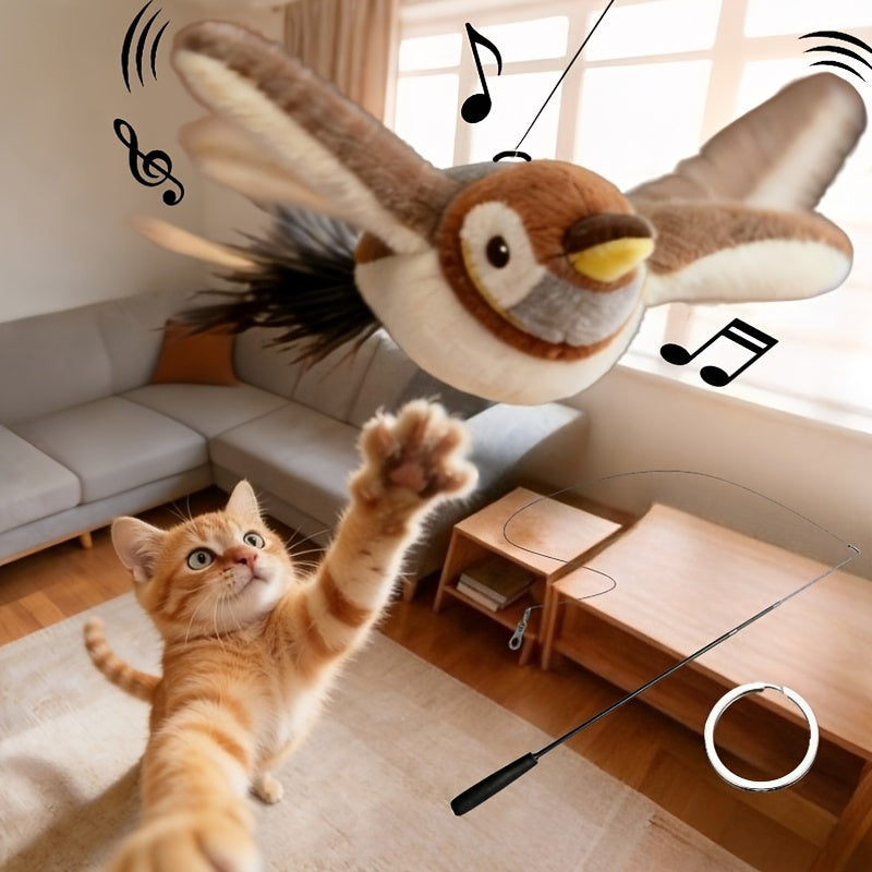 Flying Sparrow Cat Toy with Flapping Wings & Chirping Sound – USB Rechargeable Plush Bird Cat Toy, Touch-Start Interactive Feather Toy