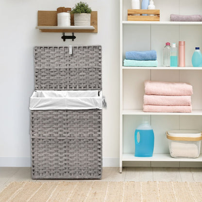 Woven Laundry Hamper with Hinged Lid, Removable Fabric Liner and Side Handles in Two Sizes and Brown or Gray