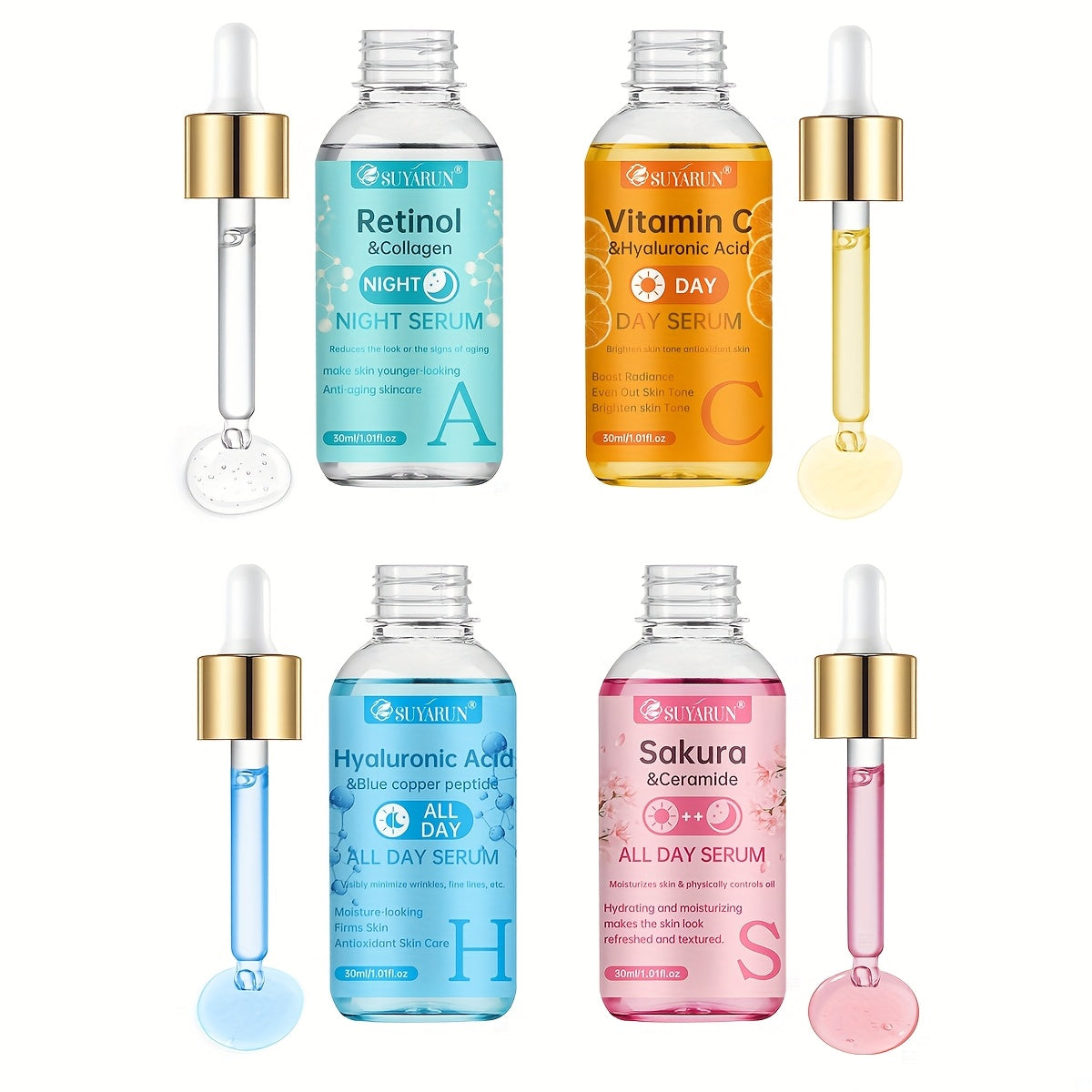 Face Serum Set 4-Piece Day & Night with Vitamin C Retinol Hyaluronic Acid Ceramide - Deep for Bath Time, Home Spa and Personal Care