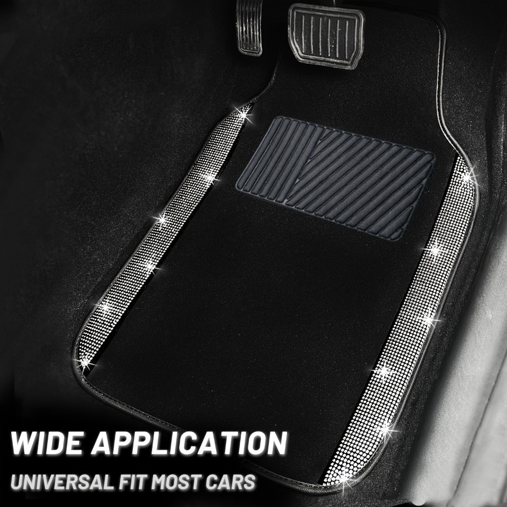 Rhinestone-Border Car Floor Mats, Four-Piece Black Carpet Set with Seven Accent Color Options
