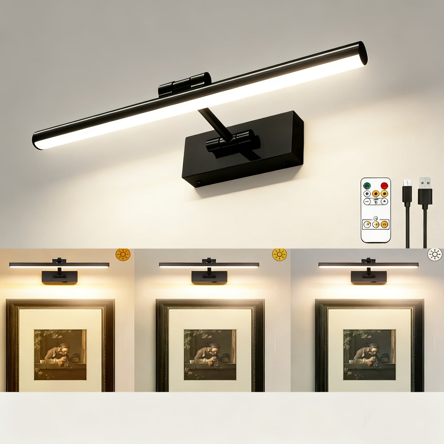Picture Light 16 Inch Wireless Battery Powered LED Wall Light 6000mAh Rechargeable Remote for Entryways, Bedrooms and Living Spaces