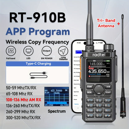 Tri-Band Ham Radio Handheld Walkie Talkie Radtel RT-910B, 6M VHF UHF Air Band Two-Way Radio, APP Programming