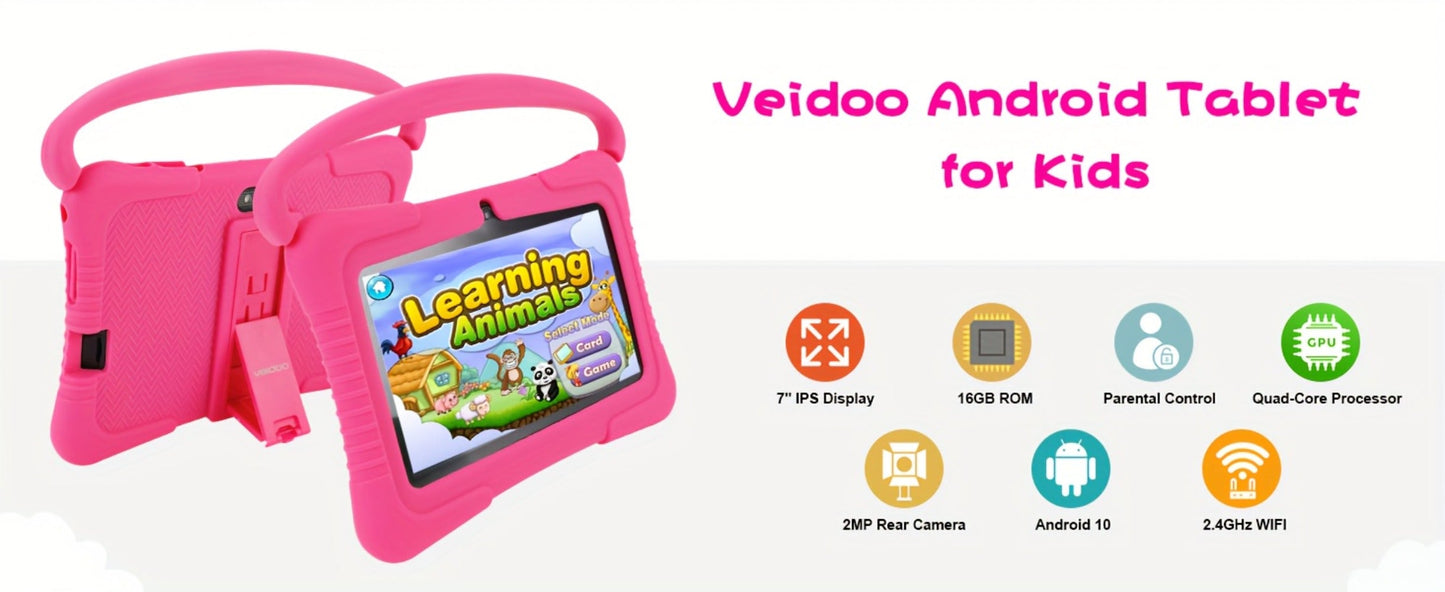 Kids Tablet 7 Inch Veidoo Android WiFi Eye Protection Screen Dual Camera Parental Control Educational Games Drop-Proof Silicone Cover 1+16GB
