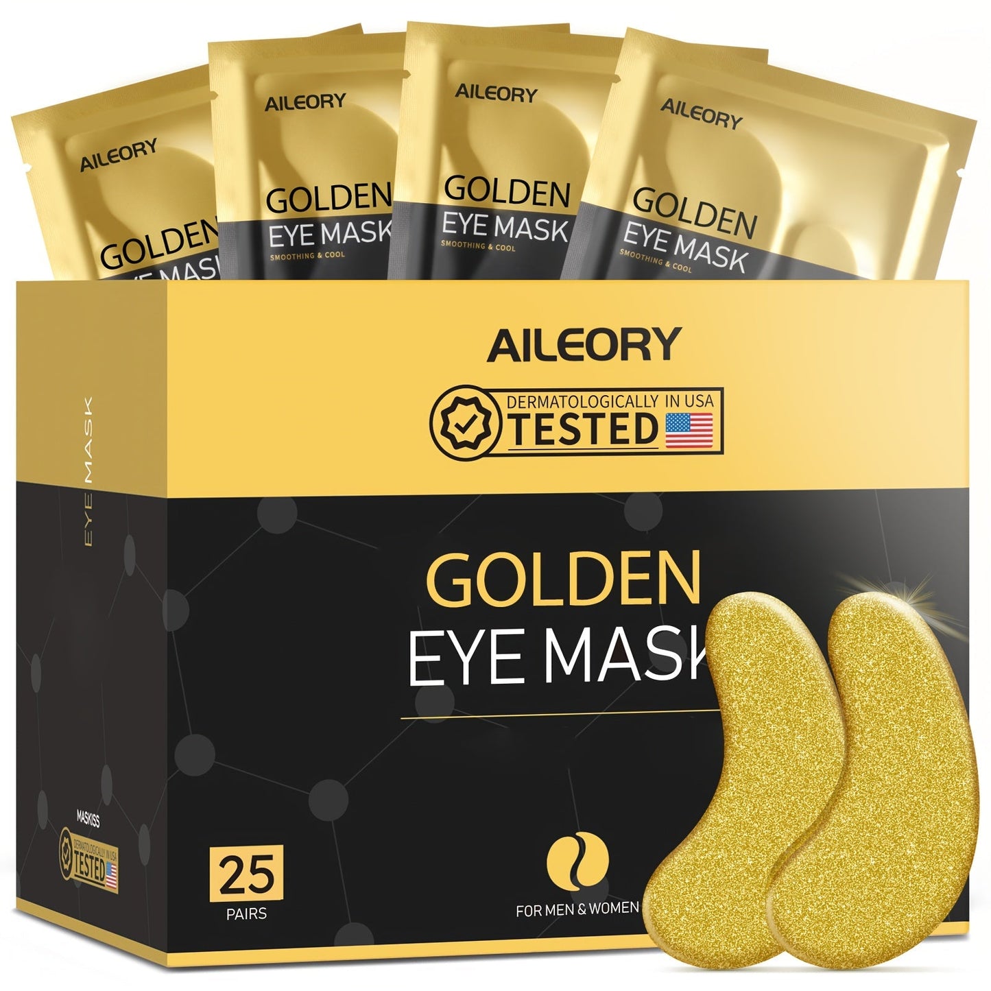 Golden Under-Eye Mask Set with 25 Pairs of Individually Packed Gold Gel Patches in a Black-and-Gold Box