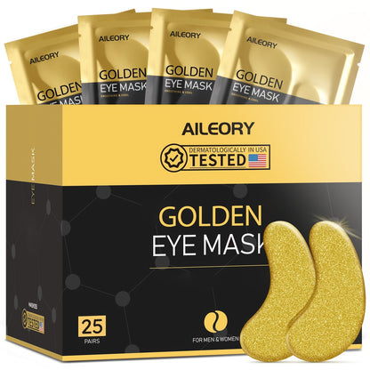 Golden Under-Eye Mask Set with 25 Pairs of Individually Packed Gold Gel Patches in a Black-and-Gold Box