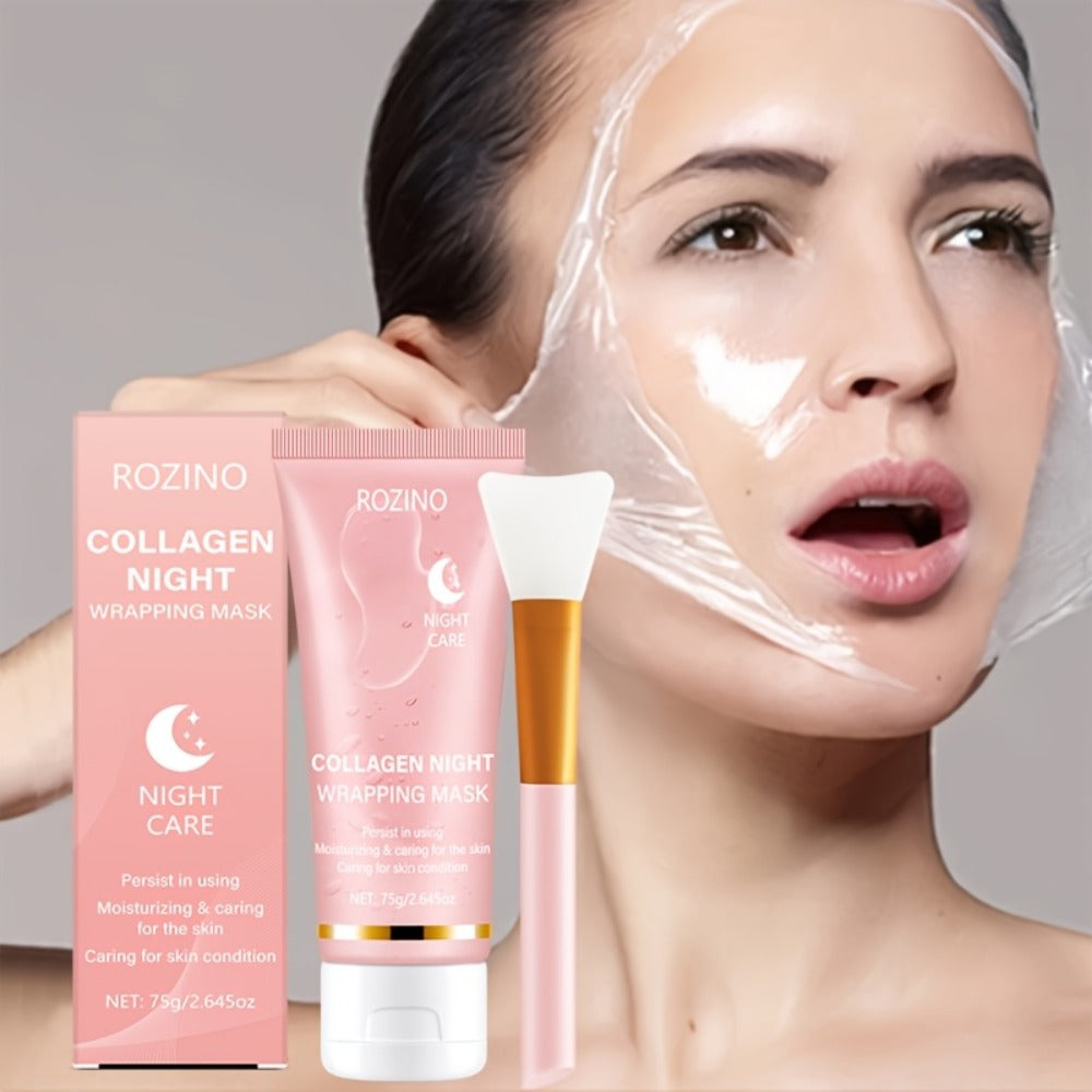 Face Mask, ROZINO Collagen Night Wrapping Formula, 75g or 2.645oz Tube with Application Brush
