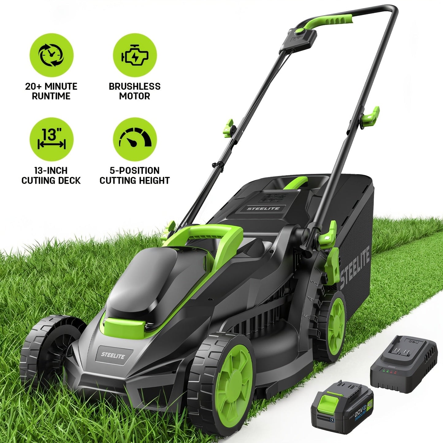 Cordless Lawn Mower Brushless Motor 13-Inch 21V Electric Lawn Mower Battery Powered with 4.0Ah Battery for Garden, Patio and Yard Use