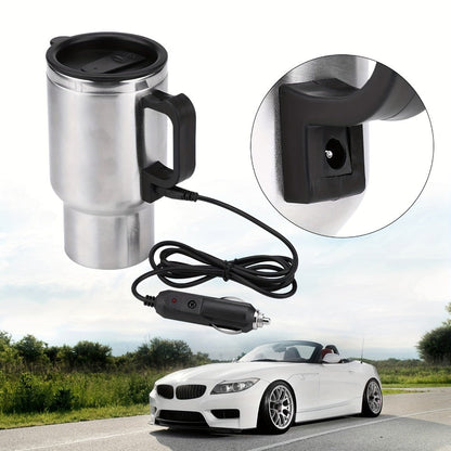 12V Car Electric Heating Travel Mug 450ml, Stainless Steel Car Electric Kettle with Cigarette Lighter Plug