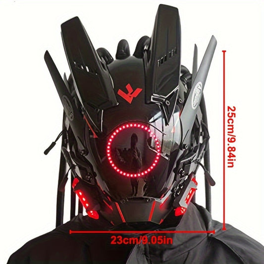 LED Braided Cyberpunk Costume Helmet with Circular Face Light and Blue, Green or Pink Accent Styles