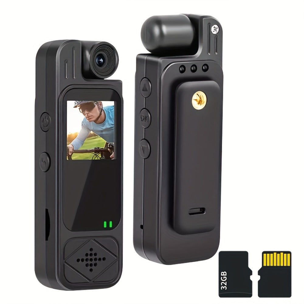 1080P Body Camera with 180-Degree Rotating Lens, Small Screen, Audio and Optional 32GB SD Card