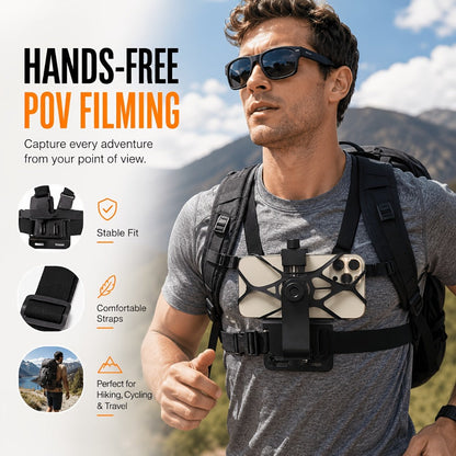 Chest Mount Harness for GoPro Hero 13 12 11 10 9 8 – Adjustable POV Chest Strap for Insta360 X4 X3 DJI Osmo Action 4 3 iPhone Samsung Phone