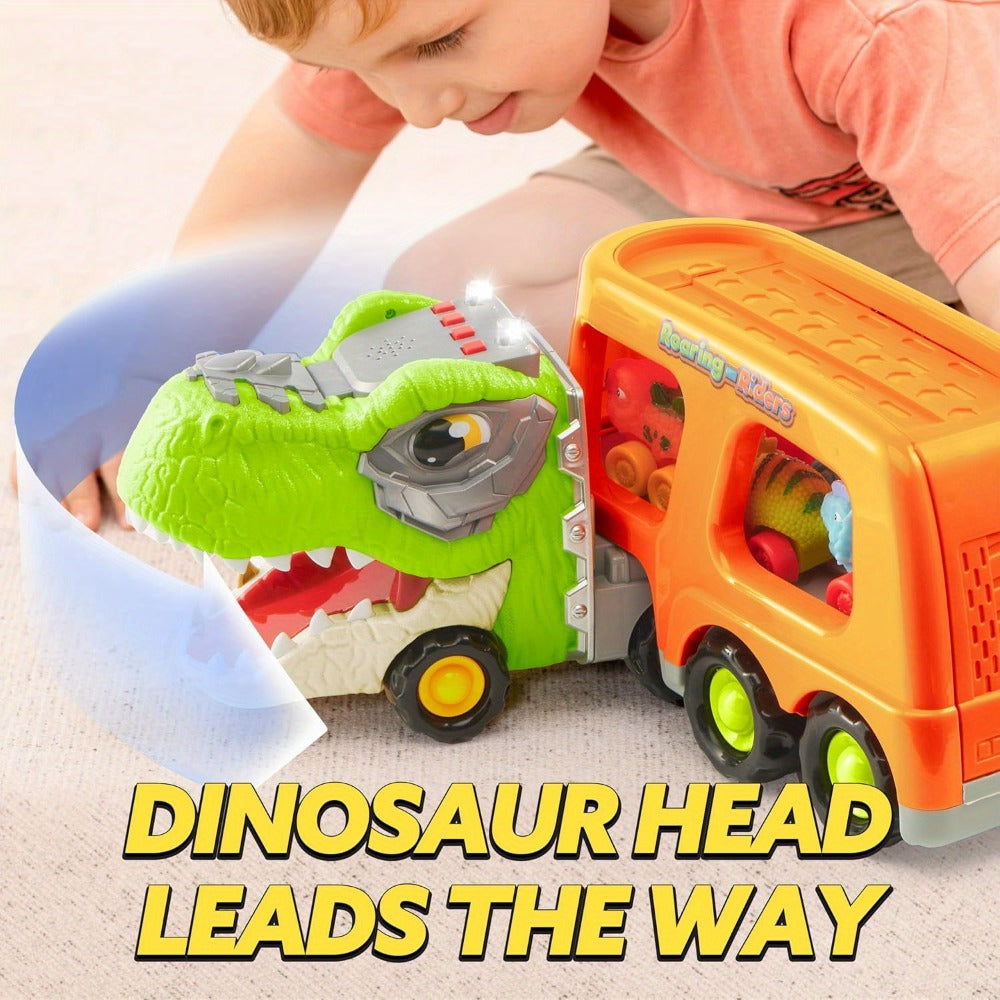 T-Rex Carrier Truck Toy with 6 Mini Rubber Dinosaur Cars LED Lights with the Listed Color, Size or Set Options for Everyday Use