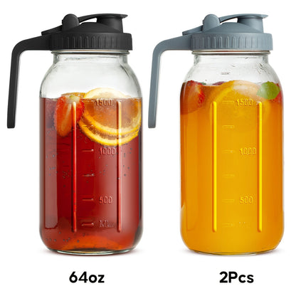 Two-Pack 64-Ounce Mason-Style Glass Pitchers with Black and Gray Flip Lids and Long Handles