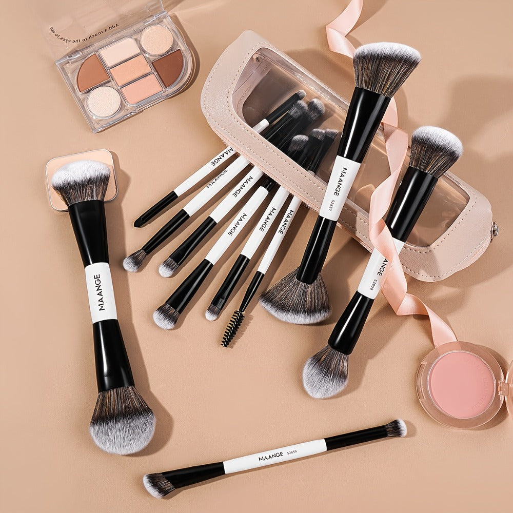 Makeup Brush Set, 10-Piece Double-Ended Nylon Bristle Collection with Cosmetic Bag and Three Color Options