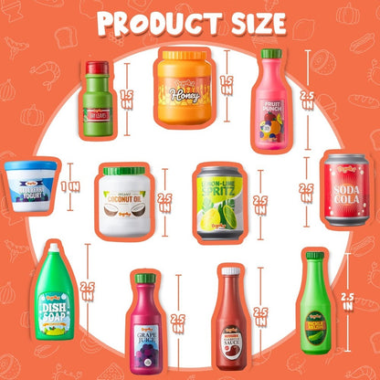 30 Pcs Play Food Grocery Cans Set - Pretend Kitchen Toy with Drinks, Juice, Snacks & Yogurt, Safe