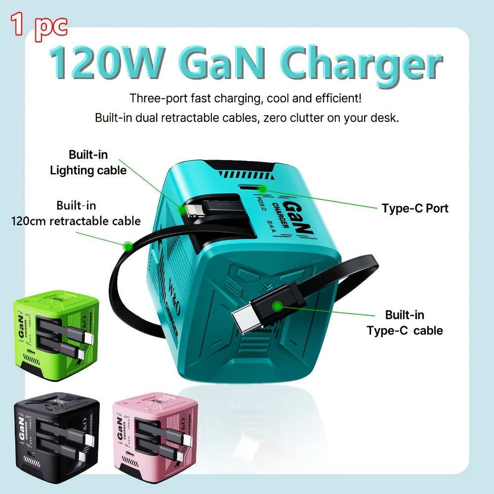 GaN Charger 120W with Lightning & Type-C Retractable Cables 47in, Foldable Plug USB-C Wall Adapter