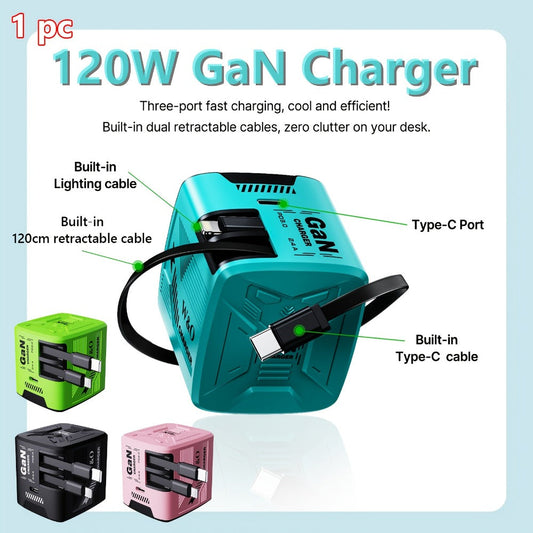 GaN Charger 120W with Lightning & Type-C Retractable Cables 47in, Foldable Plug USB-C Wall Adapter