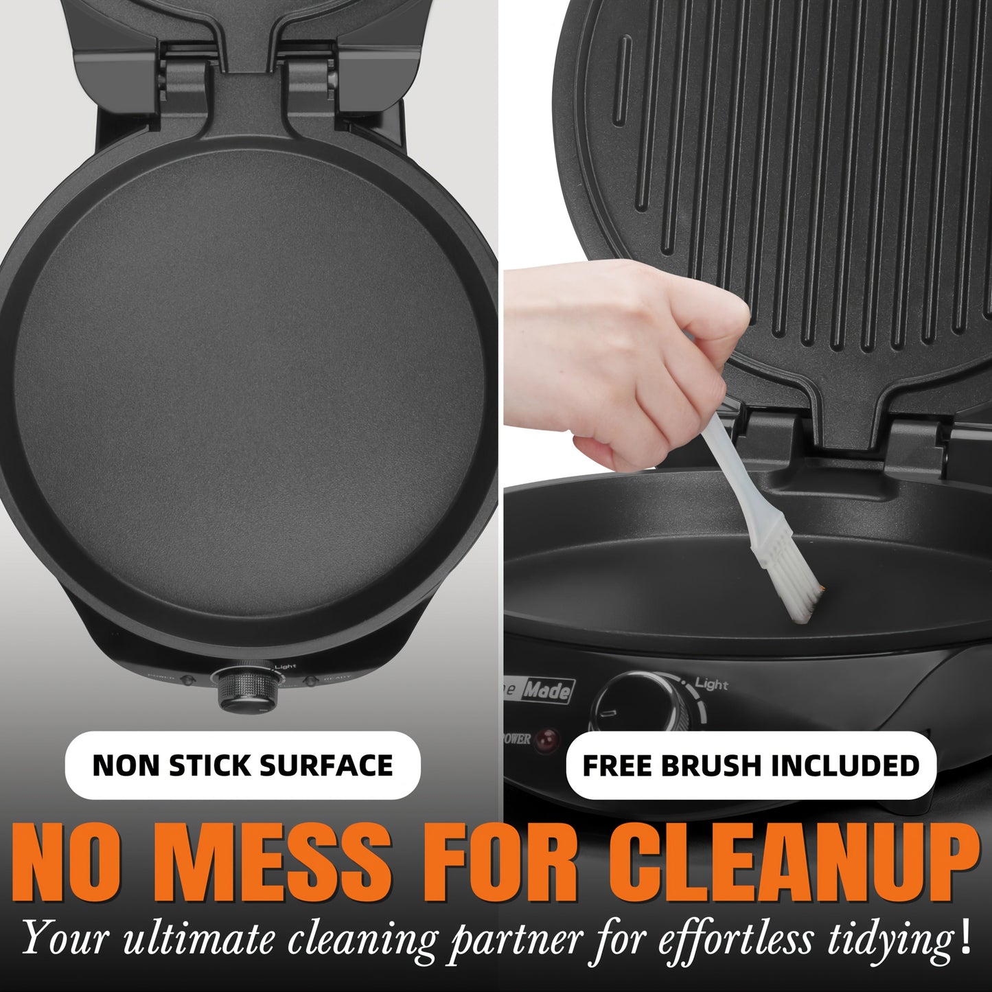 10-Inch Hinged Electric Griddle with Ridged and Smooth Round Plates, 180° Opening and Rotary Dial