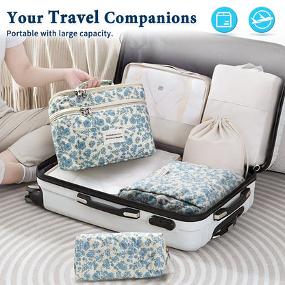 Quilted Floral Makeup Bag Set 3PCS Large Capacity Dual Layer Cotton Cosmetic Bags Coquette Aesthetic Travel Toiletry Organizer Gift