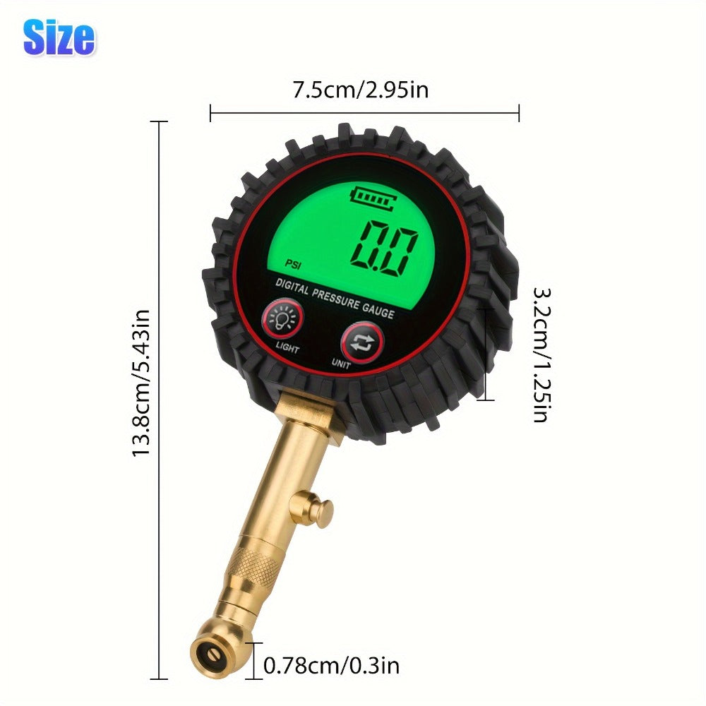 Digital Tire Pressure Gauge LCD 3-255 PSI – 4-Unit Display (PSI/Bar/KPa/kg㎡), Green Backlight, 360° Chuck, Auto Shut-Off for Cars, Trucks