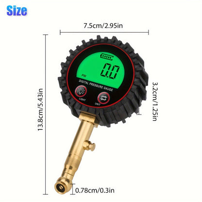 Digital Tire Pressure Gauge LCD 3-255 PSI – 4-Unit Display (PSI/Bar/KPa/kg㎡), Green Backlight, 360° Chuck, Auto Shut-Off for Cars, Trucks