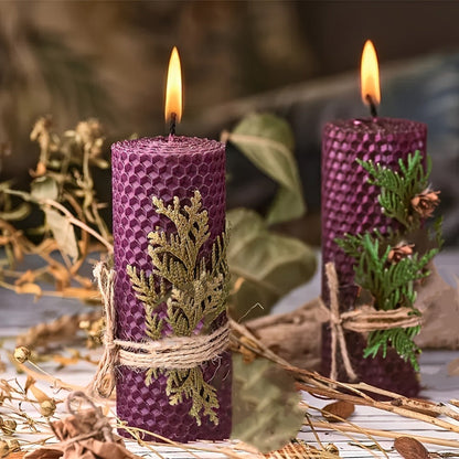 Honeycomb Beeswax Pillar Candles, 10cm by 3.5cm in Yellow, Purple, Red or Blue with Single or Eight-Piece Options