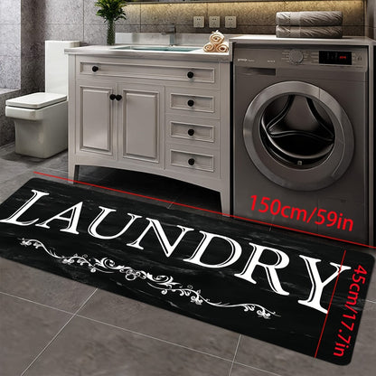 Laundry Room Mat Black & White LAUNDRY Text Non-Slip Machine Washable – Soft Polyester Cut-Pile Floor Rug for Laundry Room, Bathroom