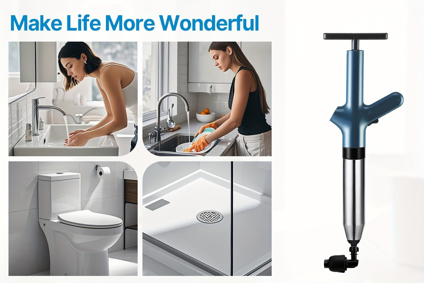 High-Pressure Air Drain Blaster with Real-Time Pressure Indicator – Stainless Steel Toilet Plunger & Sink Drain Unclogger