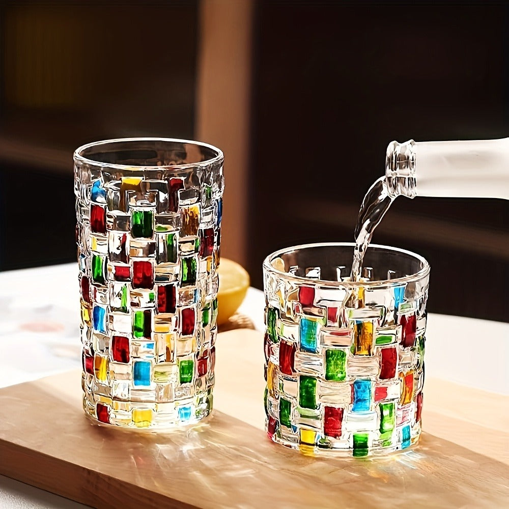 Hand-Painted Drinking Glasses Set – Colorful Square Lattice Woven Handcrafted Glass for Water, Juice, Whiskey & Beer