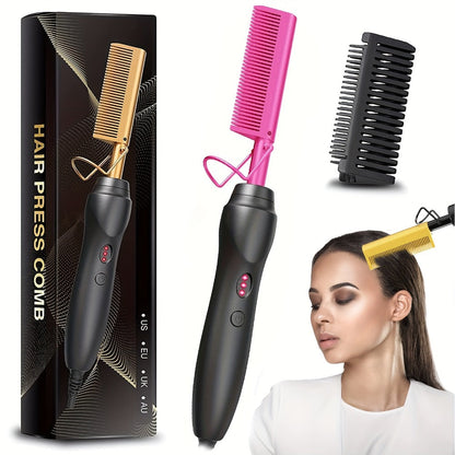 Electric Hot Comb Hair Styling Tool with Ceramic Heater, Holder, Two Clips and Five Color Options
