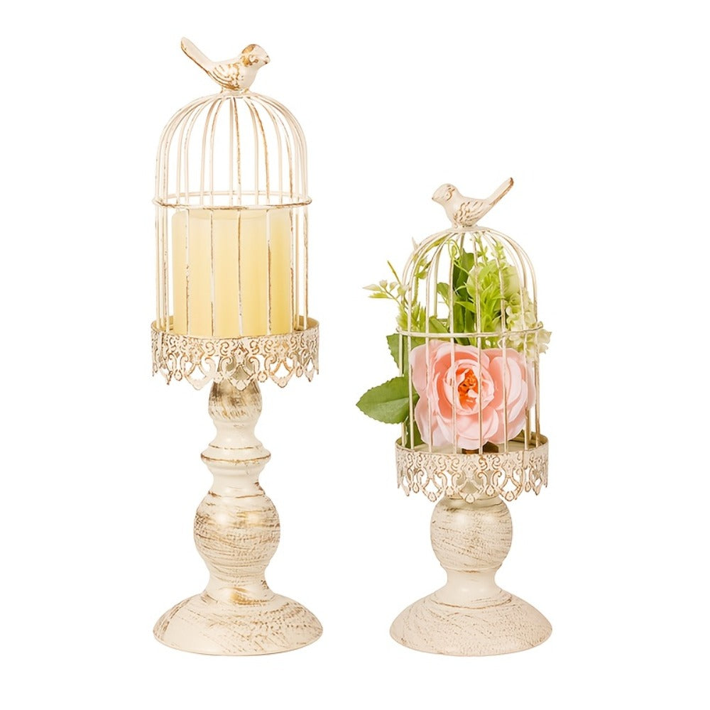 Birdcage Candle Holder Set of Two with Metal Pedestal Bases, Bird Finials, 30cm and 38cm Heights in Black or White