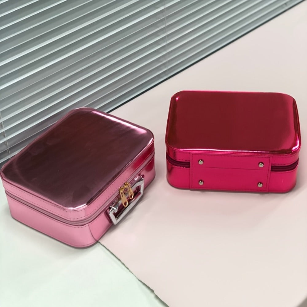 Glitter Makeup Travel Case Hard Shell Large Capacity Flat Lay Organizer Luxury Cosmetic Storage Box for Women Portable Fits in Suitcase Gold