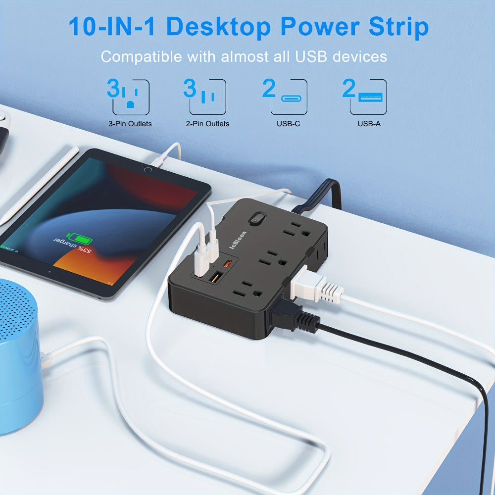 Surge Protector Power Strip 10-in-1 with 6 AC Outlets, 2 USB-A, 2 USB-C, Flat Plug and 5 ft Extension Cord