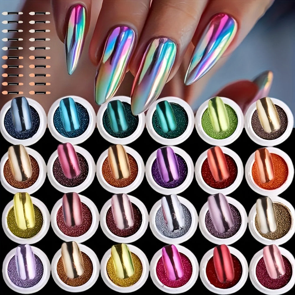Chrome Nail Powder 24 Colors Set Holographic Mirror Effect Metallic Reflective Glitter Pigment for Gel