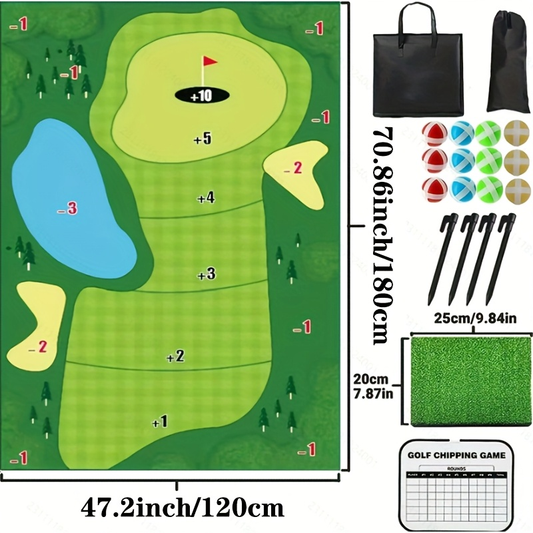 Golf Chipping Game Mat Set for Adults – Indoor Outdoor Golf Game Equipment with 12 Sticky Balls, 4 Ground Stakes