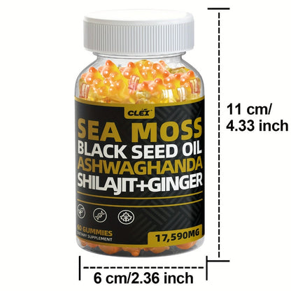 Immune Support Gummies with Sea Moss 1445mg, 10-in-1 Superfood Blend with Black Seed Oil, Ashwagandha