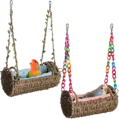 Rattan Hanging Bird Nest and Swing with Removable Mat and Choice of Natural Rope or Colorful Chain
