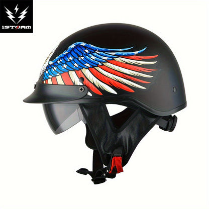 Motorcycle Helmet 1STORM Half-Shell with Retractable Smoked Visor, Five Graphic Styles, S-XL Sizes and Quick-Release Strap