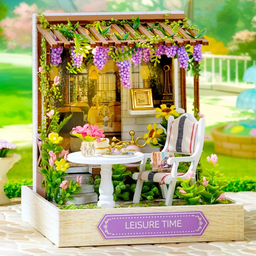 DIY Wooden Tiny House Kit with Dust Cover, Handmade Miniature Dollhouse Puzzle, 3 Themes Afternoon Tea Rotating Food House Moon Magic