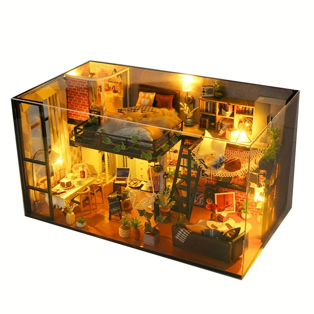 DIY Dollhouse Kit 2 Story with Dust Cover, Handmade Miniature House Model with Furniture Parts, No Glue No Batteries