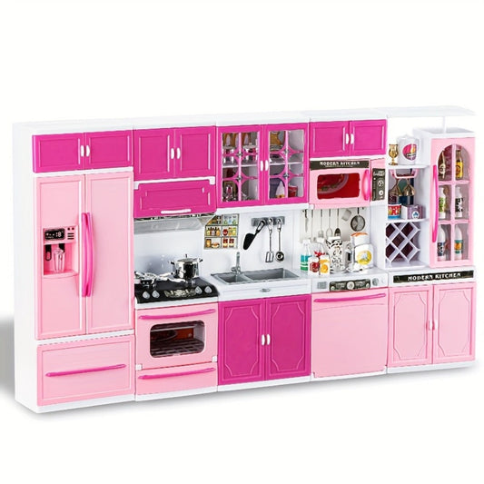64-Piece Pink Pretend Kitchen Play Set with Light and Sound Features in a 58 x 42.5cm Mini Format