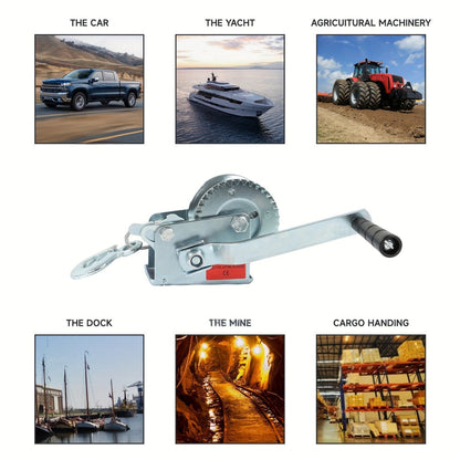 Manual Hand Winch Carbon Steel 800- - Double Brake Safety System, Strap Winch with Mooring Hook & Safety Pawl