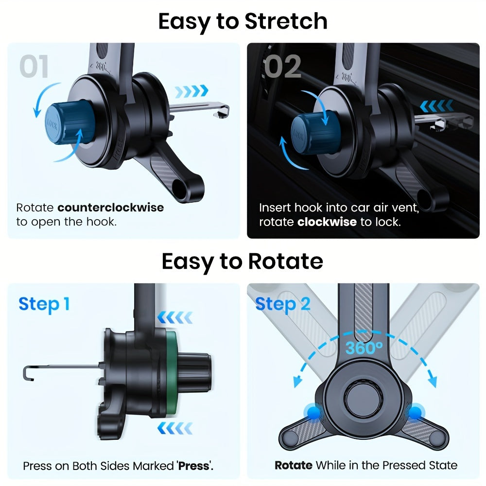 Three-Point Air-Vent Phone Mount with Extendable Hook, Adjustable Arm and Black Finish for In-Car Viewing