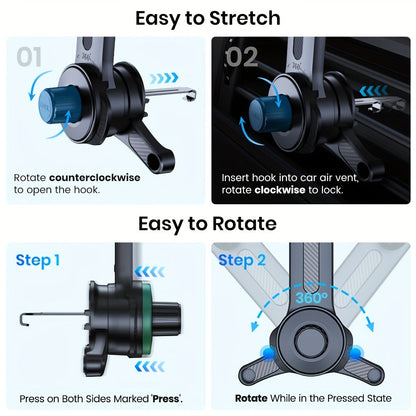 Three-Point Air-Vent Phone Mount with Extendable Hook, Adjustable Arm and Black Finish for In-Car Viewing