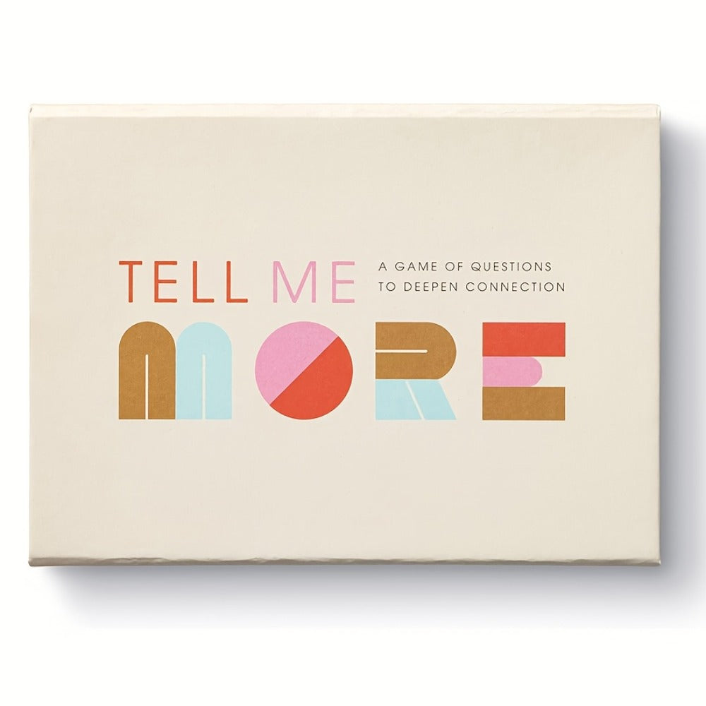 Tell Me More Conversation Card Game with 52 Question Cards, English-Language Prompts and Brown Box