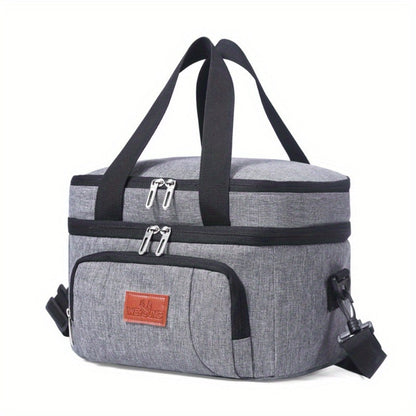Double-Deck Lunch Tote with Front Pocket and Shoulder Strap in Gray, Blue, Black or Pink Options